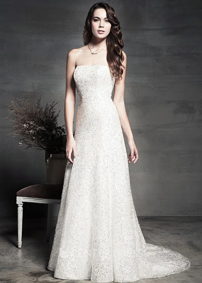 A-Line Strapless Long Sleeveless Sequins Wedding Dress