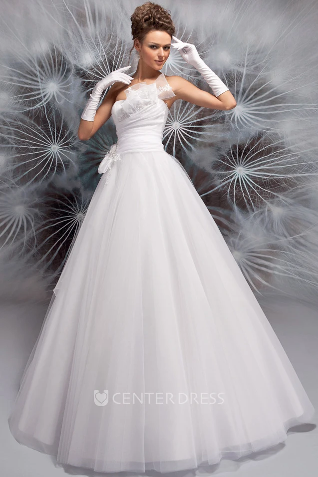 A-Line Ball-Gown Floor-Length Sleeveless Floral Strapless Tulle Wedding Dress With Appliques And Ruching
