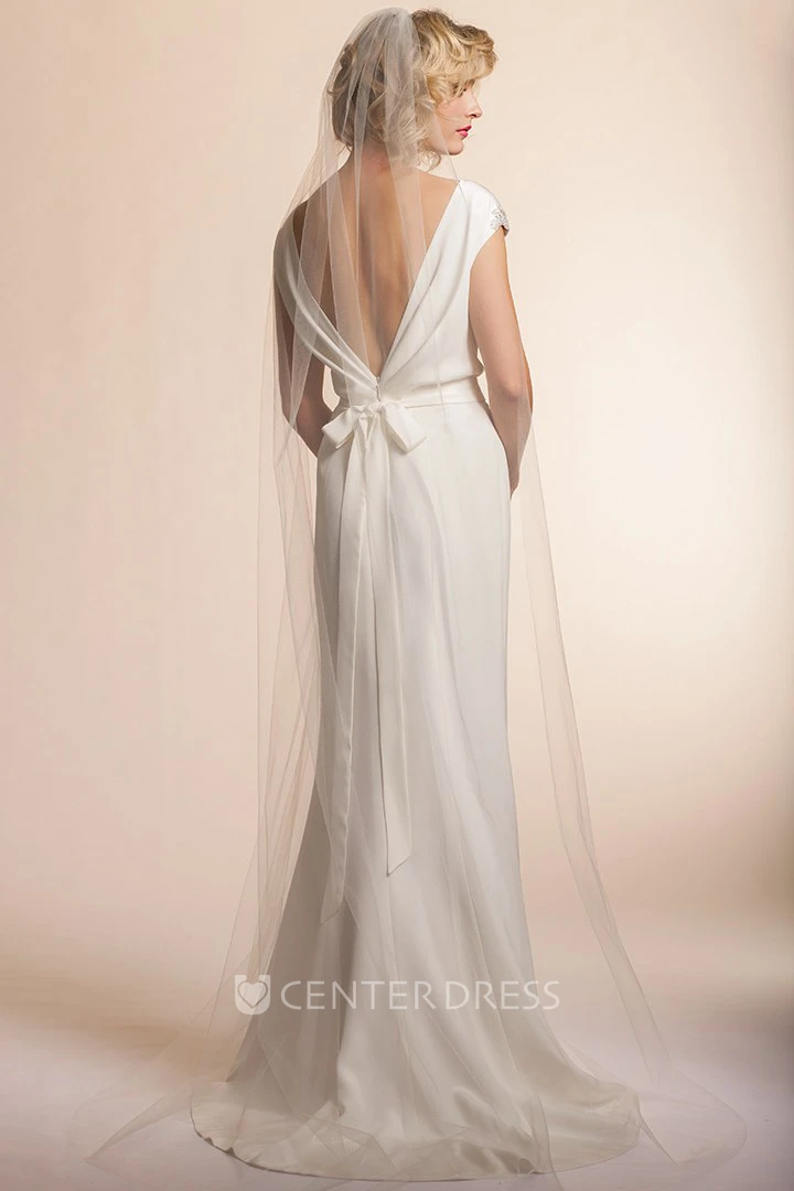 Floor-Length V-Neck Jeweled Cap-Sleeve Chiffon Wedding Dress