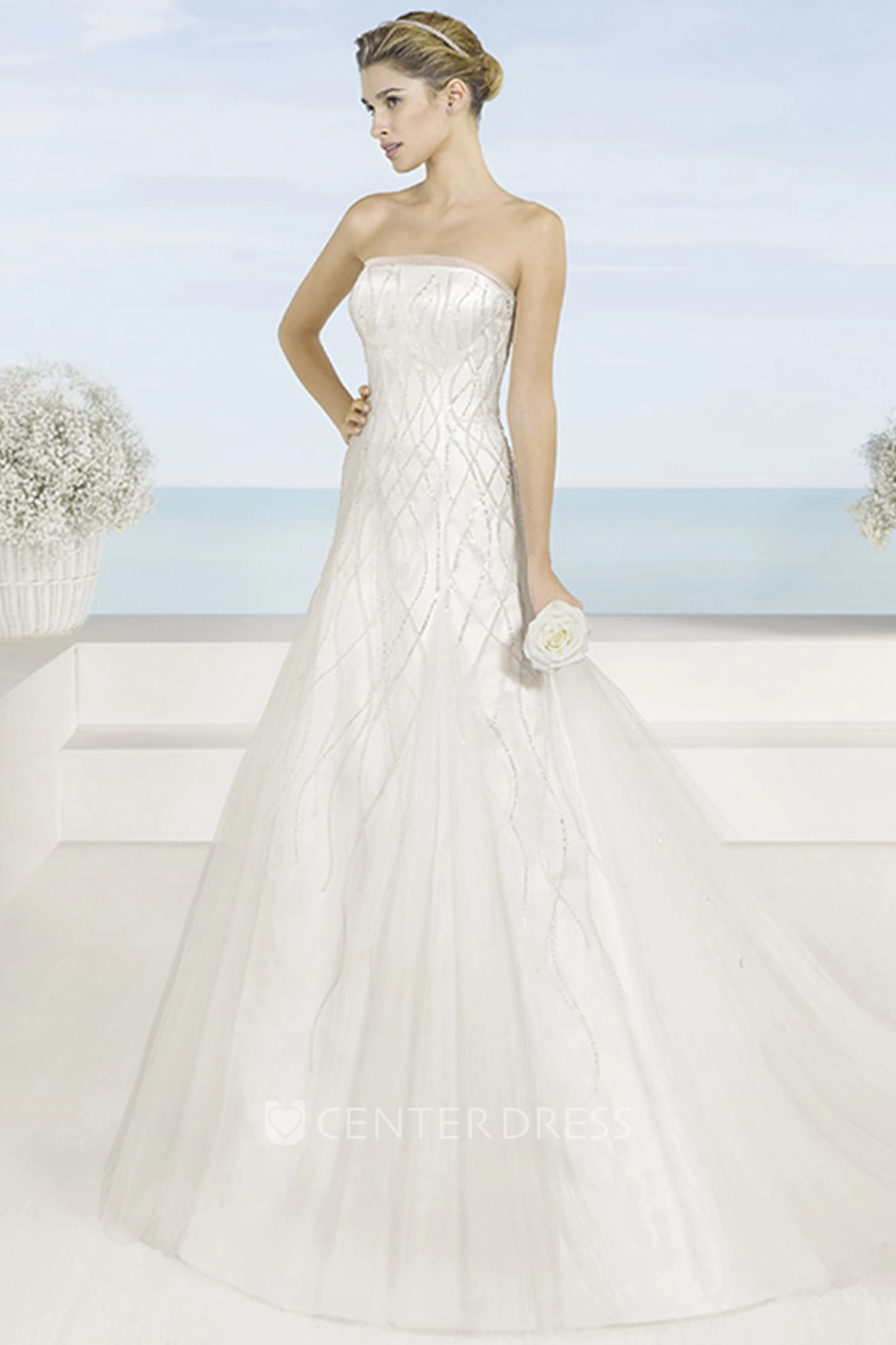 A-Line Beaded Sleeveless Strapless Floor-Length Satin Wedding Dress With Court Train