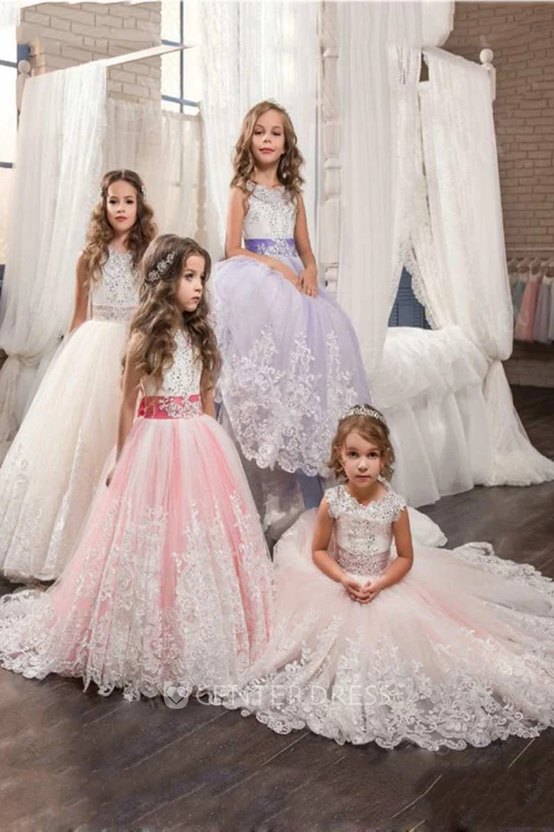 Ball Gown Floor-length Scoop Sleeveless Tulle Dress with Bow