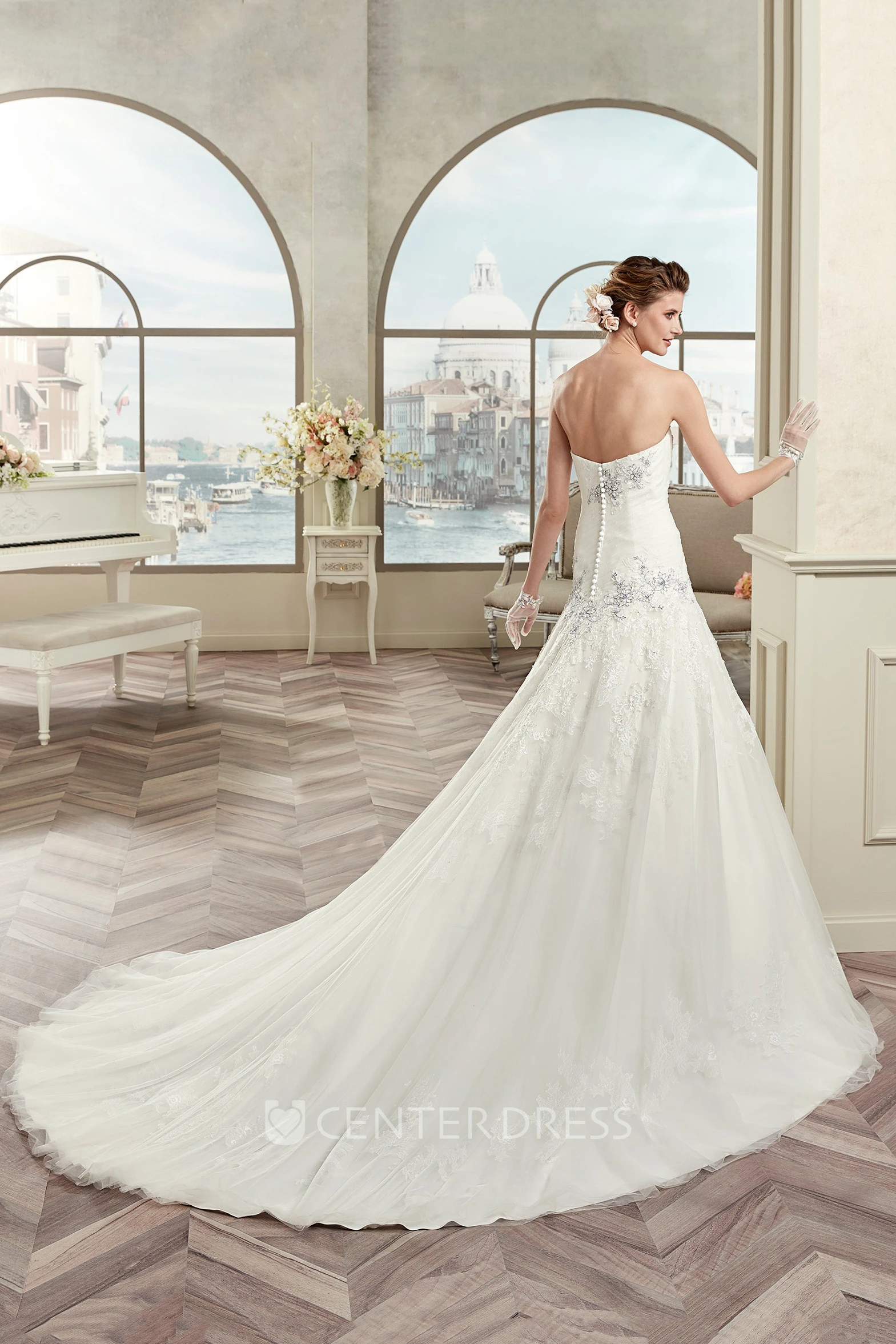 Strapless A-Line Pleated Bridal Gown With Fine Appliques And Court Train