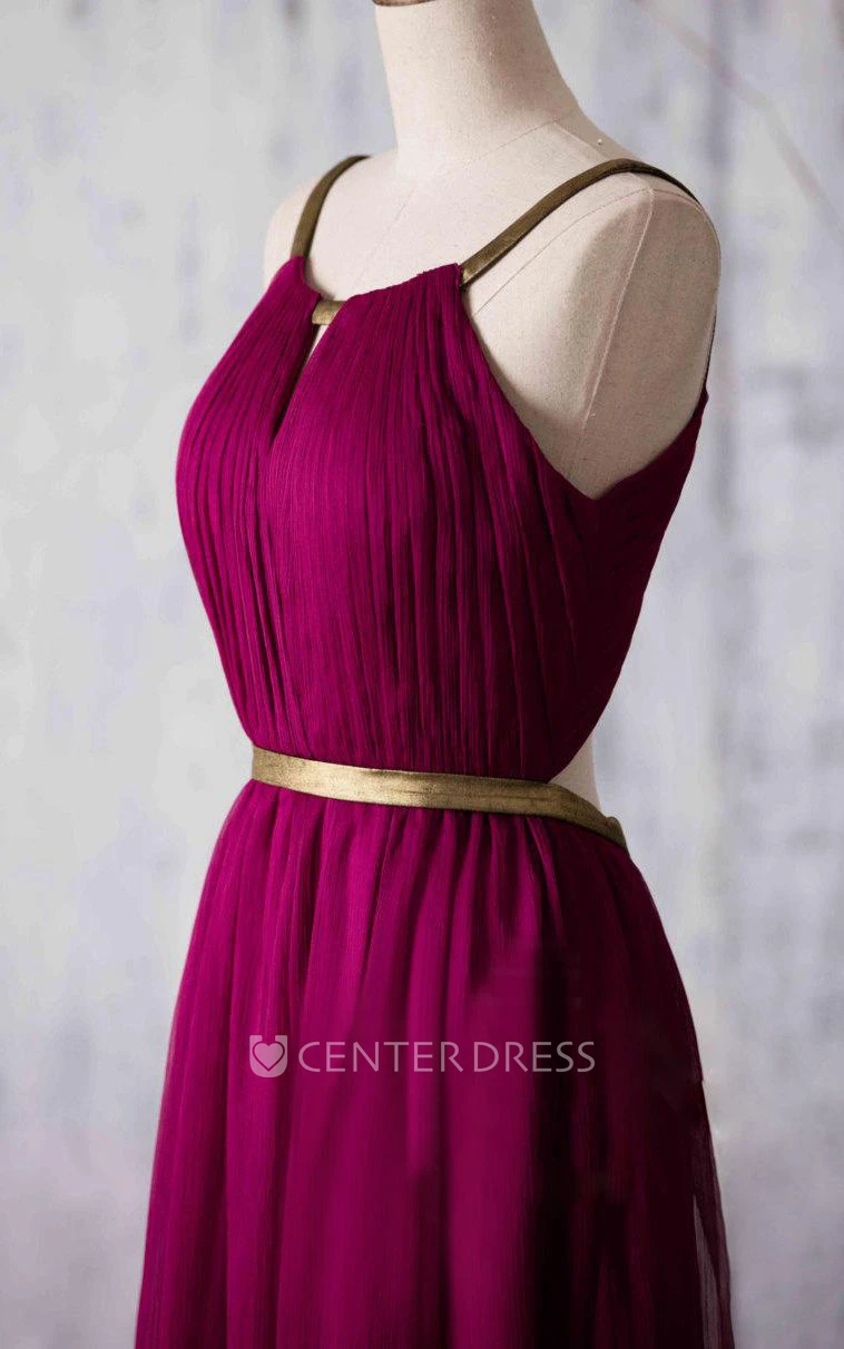 Allover Pleated A-line Chiffon Floor Length Dress With Back Keyhole