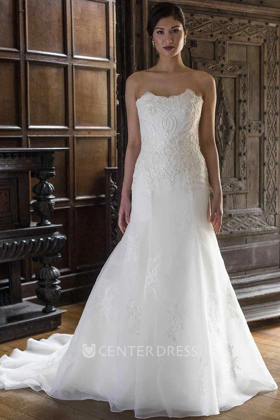 Mermaid Strapless Sleeveless Floor-Length Appliqued Wedding Dress With Beading