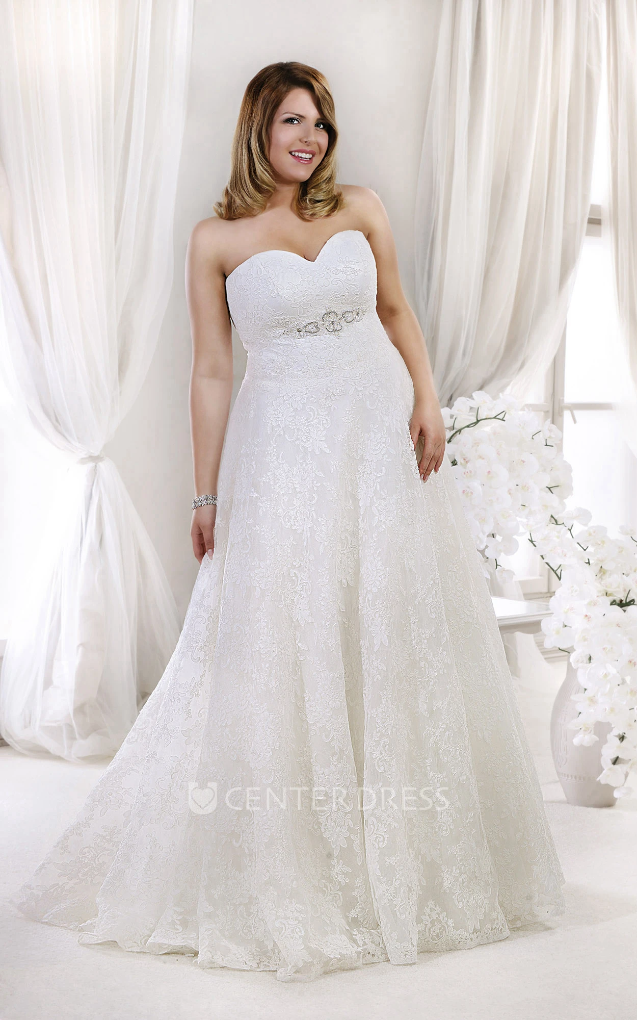 Sweetheart Lace Floor-Length Dress With Jeweled Waist