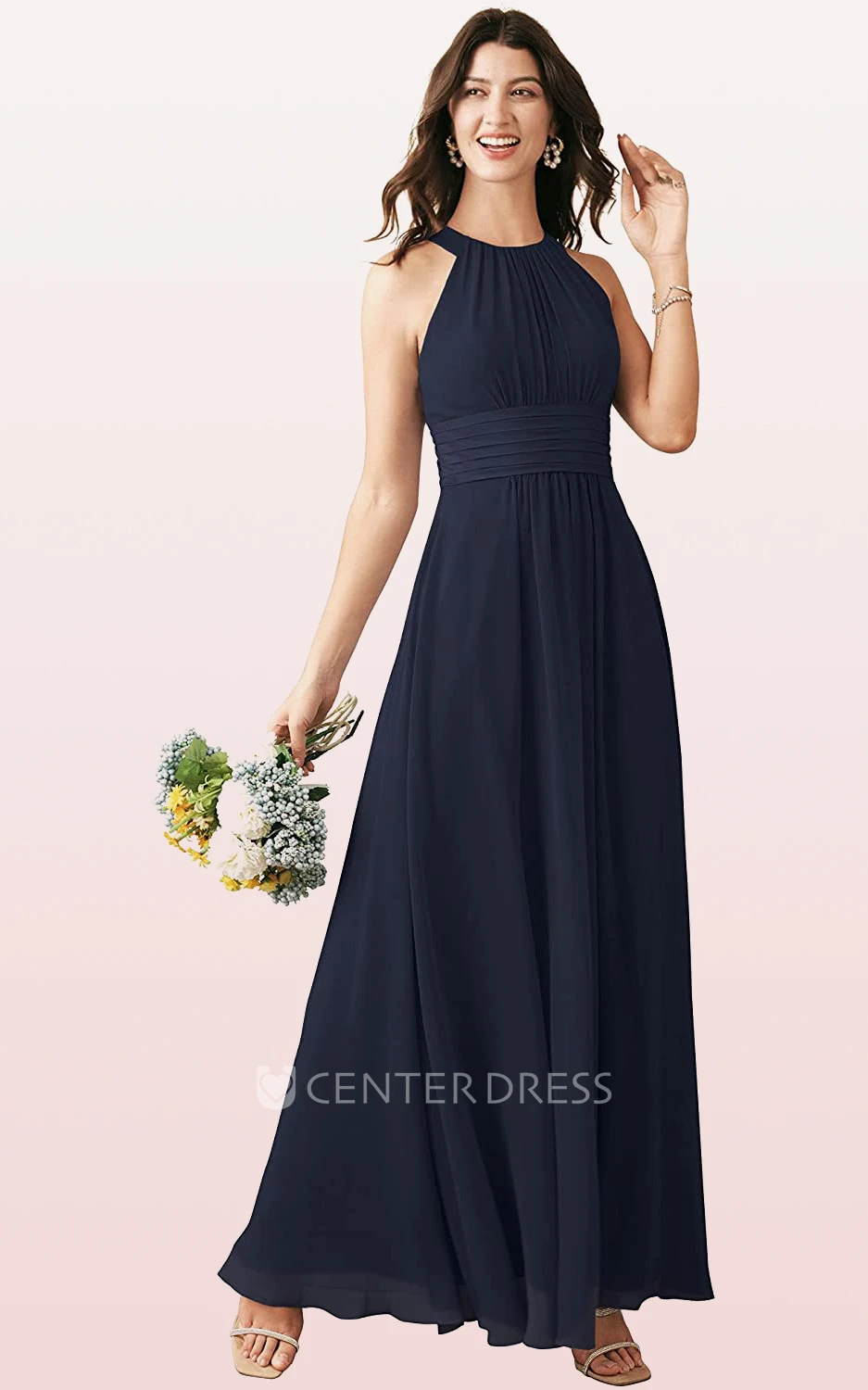 Elegant Chiffon Ankle-length Halter A Line Sleeveless Bridesmaid Dress With Ruching