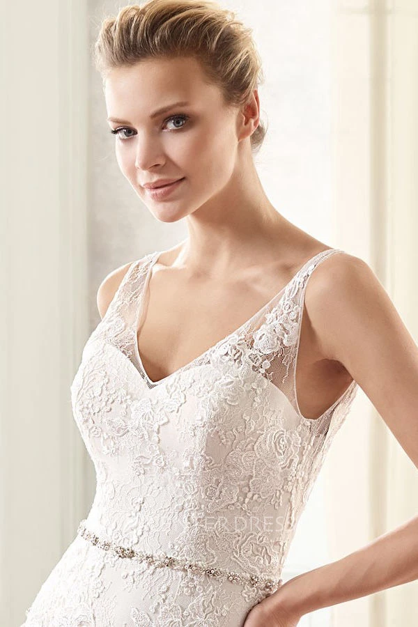 A-Line Floor-Length Sleeveless Appliqued V-Neck Lace Wedding Dress With Pleats And Waist Jewellery