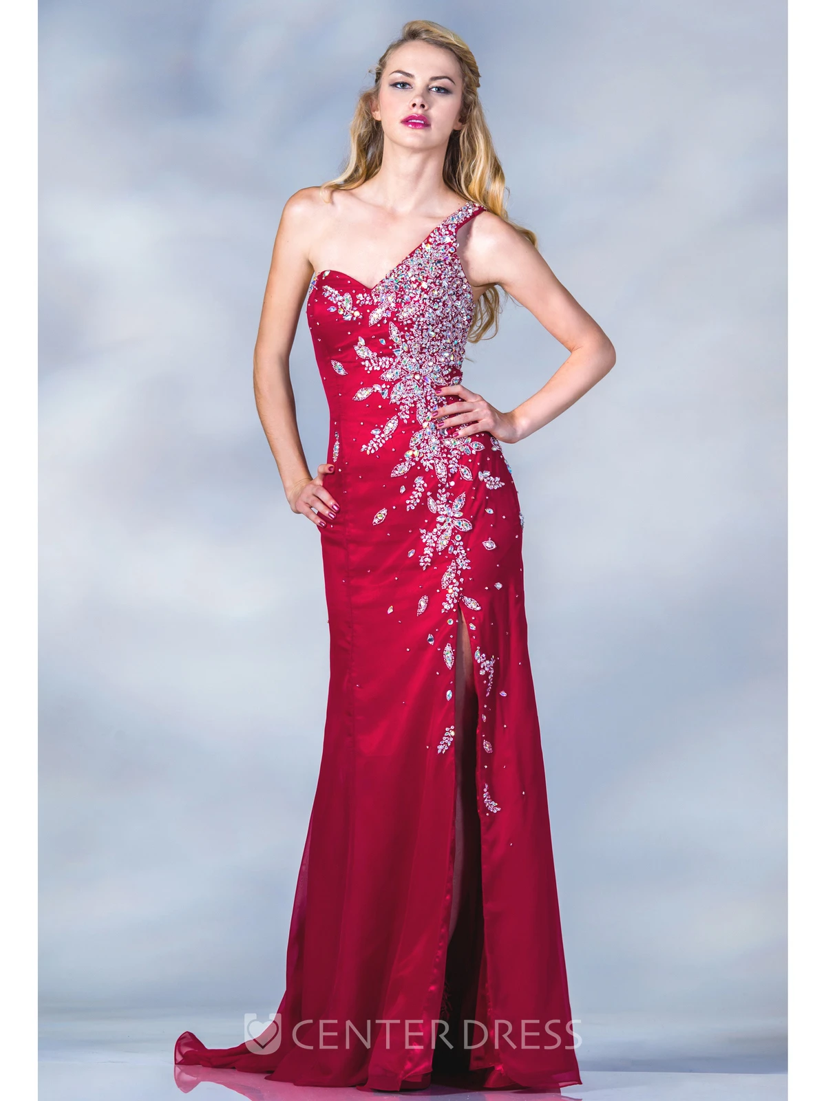 Sheath One-Shoulder Sleeveless Dress With Beading And Split Front