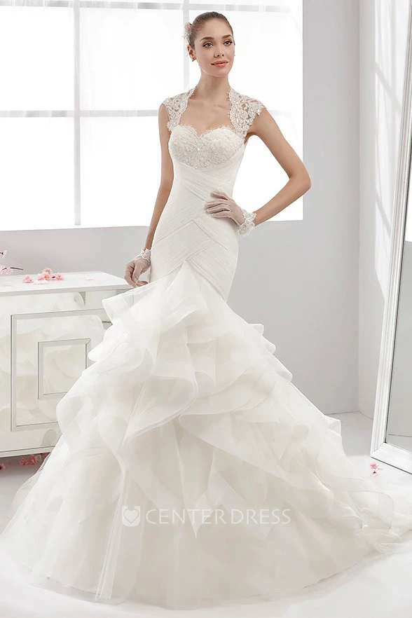 Sweetheart Mermaid Wedding Gown with Queen Anna Neckline and Ruching Train 