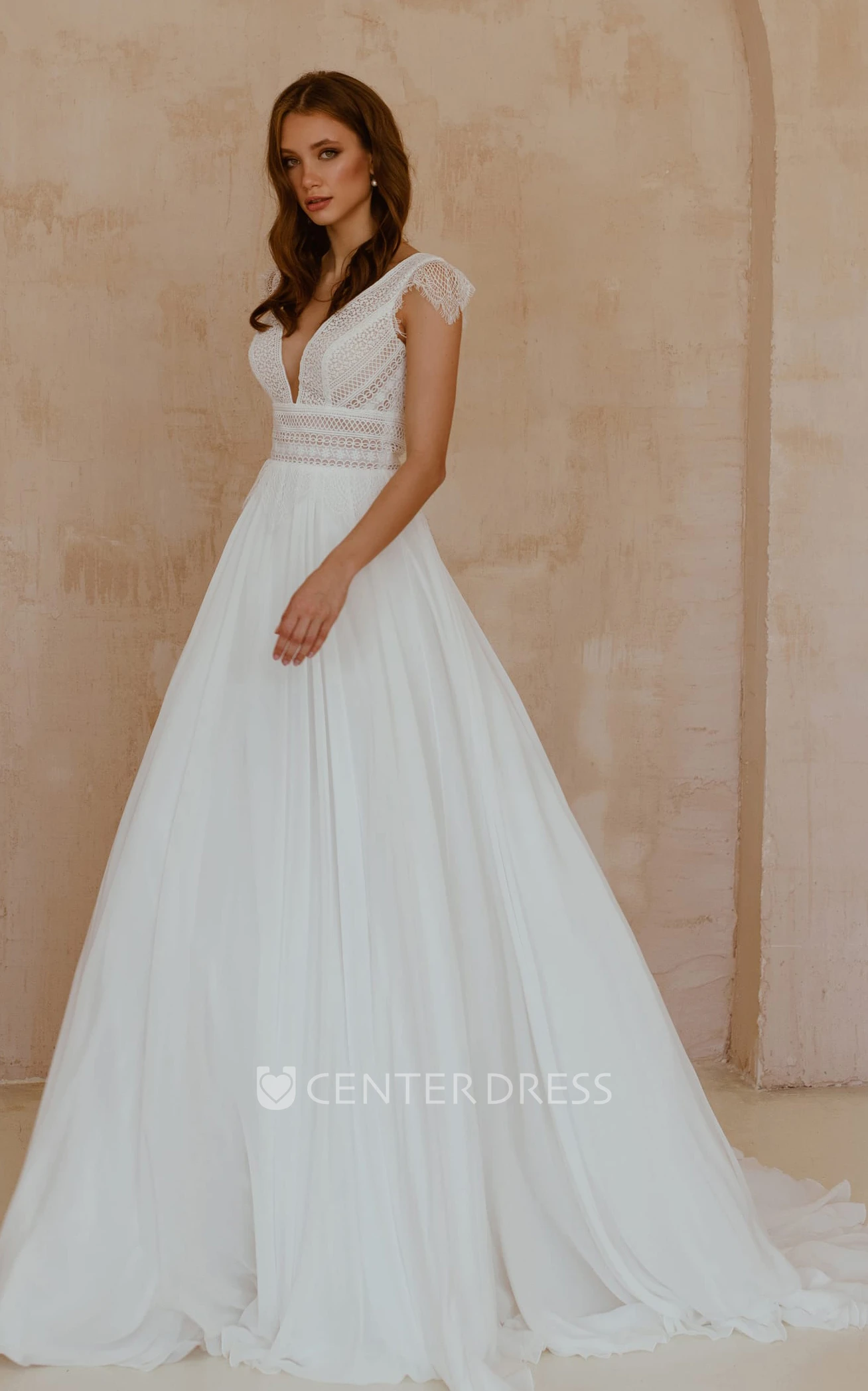 Bohemian A Line V-neck Chiffon Lace Short Sleeve Spring Wedding Dress with Low-V Back