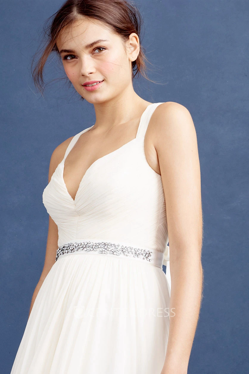 A-Line Maxi Jeweled Sleeveless V-Neck Chiffon Wedding Dress With Pleats