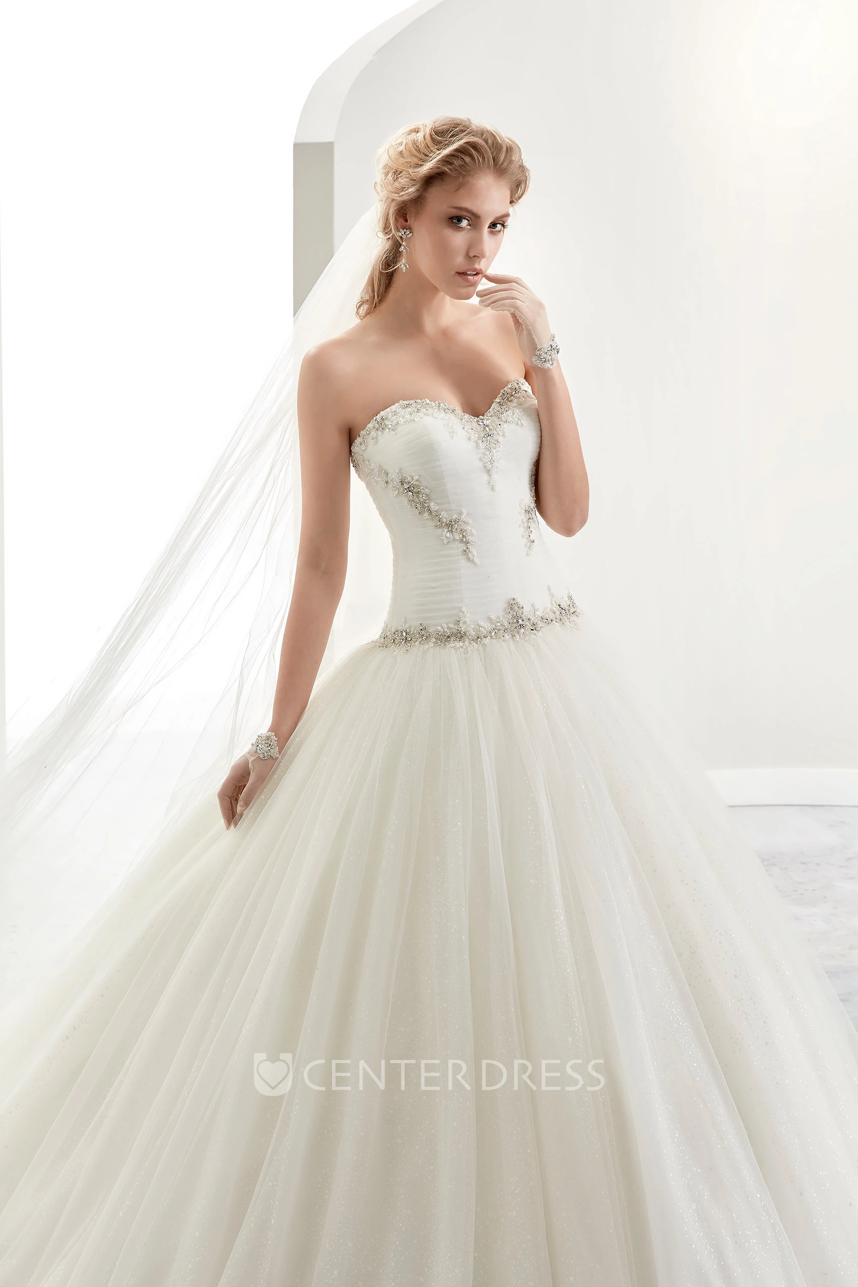 Sweetheart Beaded A-Line Bridal Gown With Pleaded Details And Brush Train