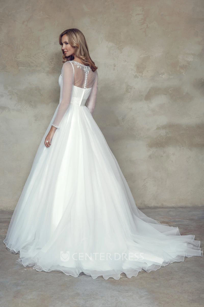 A-Line Scoop Criss-Cross Sleeveless Maxi Tulle&Satin Wedding Dress With Beading And Flower