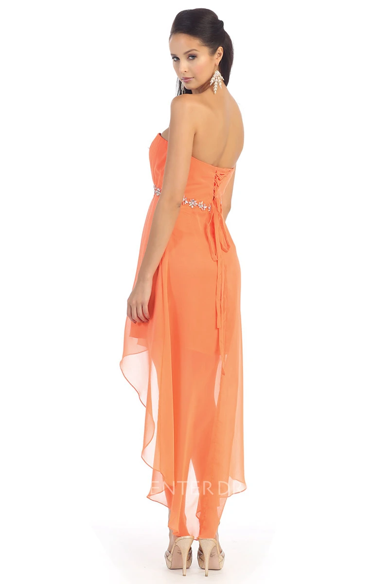 A-Line High-Low Strapless Chiffon Lace-Up Dress With Ruching And Waist Jewellery