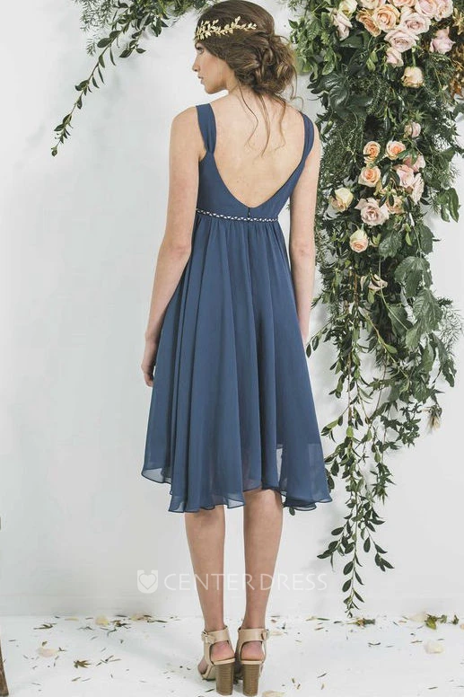 Tea-Length Empire Draped V-Neck Sleeveless Chiffon Bridesmaid Dress