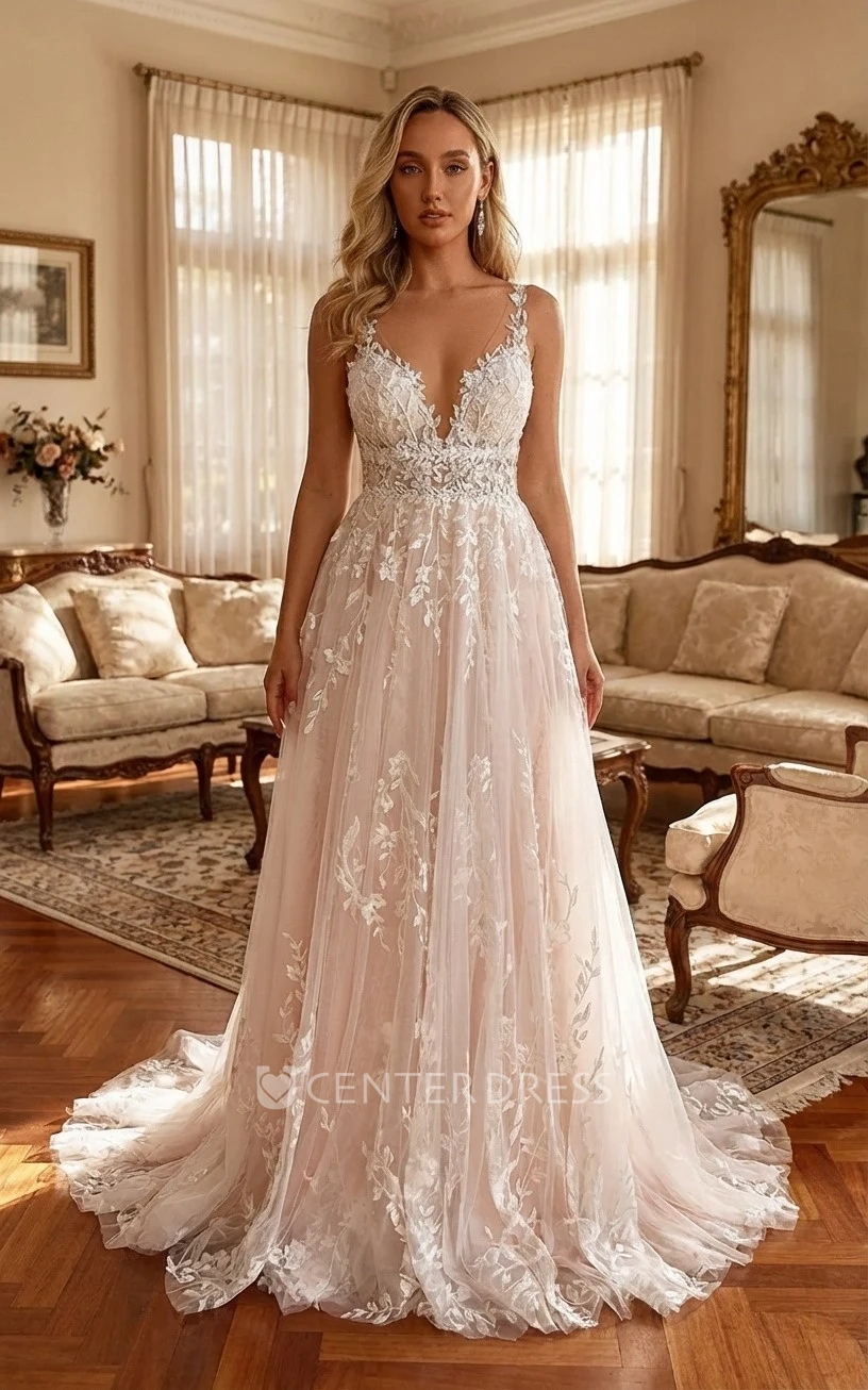 Floral Lace Sheer Long Sleeve Wedding Dress Elegant A-Line V Neck Tulle Bridal Gown with Court Train