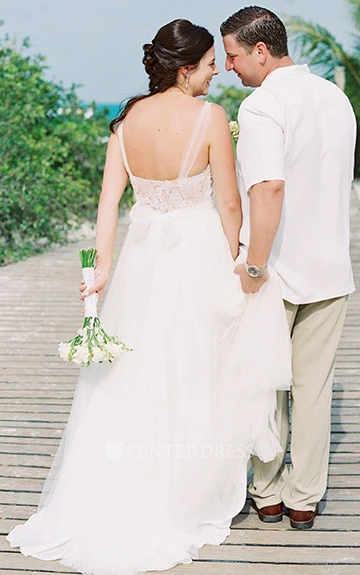 Elegant A-Line Bateau Neckline Lace Country Wedding Dress With Brush Train And Open Back
