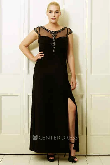 Scoop-Neck Beaded Short-Sleeve Ankle-Length Chiffon Plus Size Prom Dress With Split Front