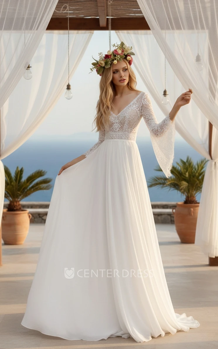 Ethereal A-Line V-Neck Lace Chiffon Spring Wedding Dress Elegant Backless Bridal Gown with Bell Sleeves