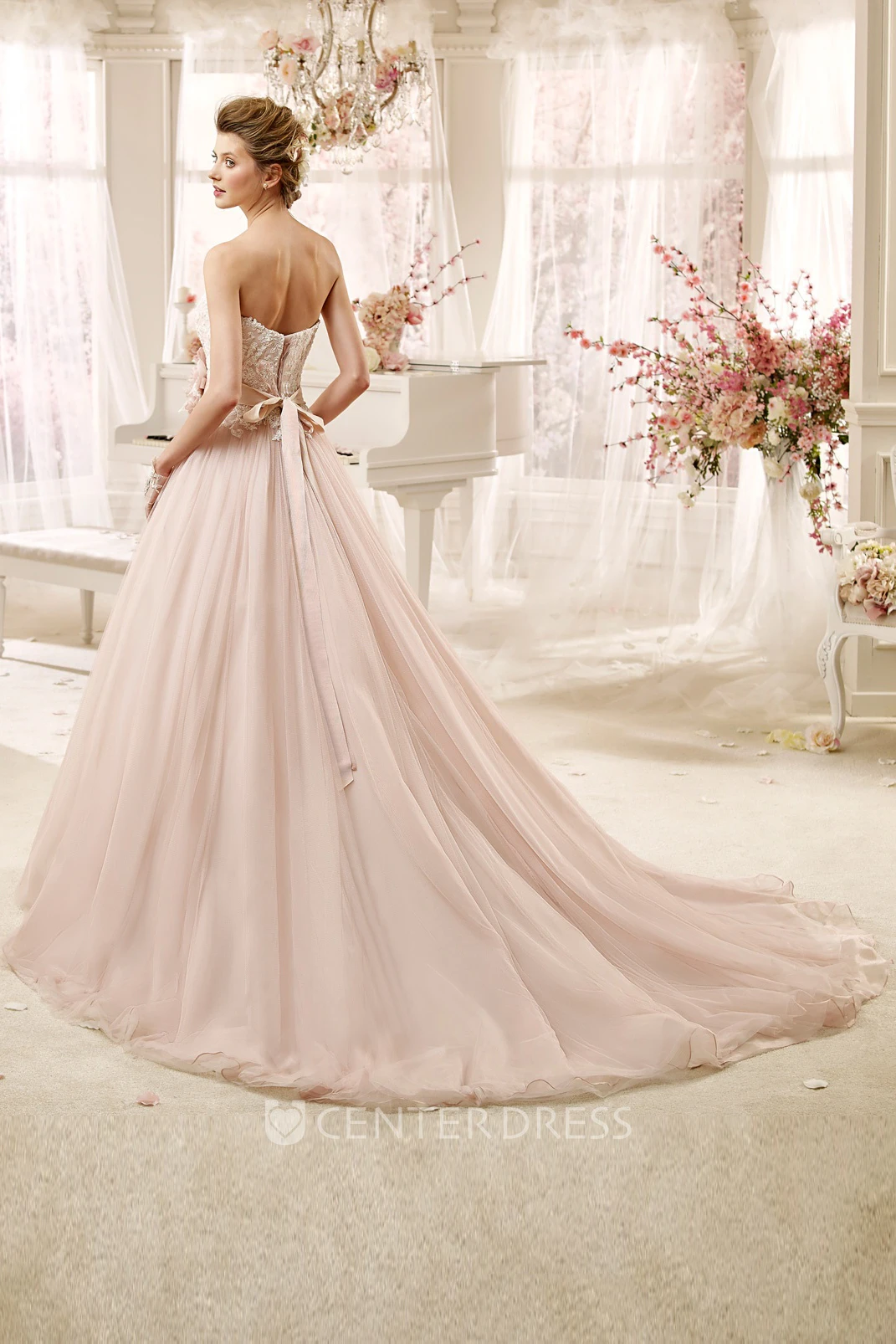 Lovely Strapless A-line Wedding Dress with Flower Sash and Pleated Skirt