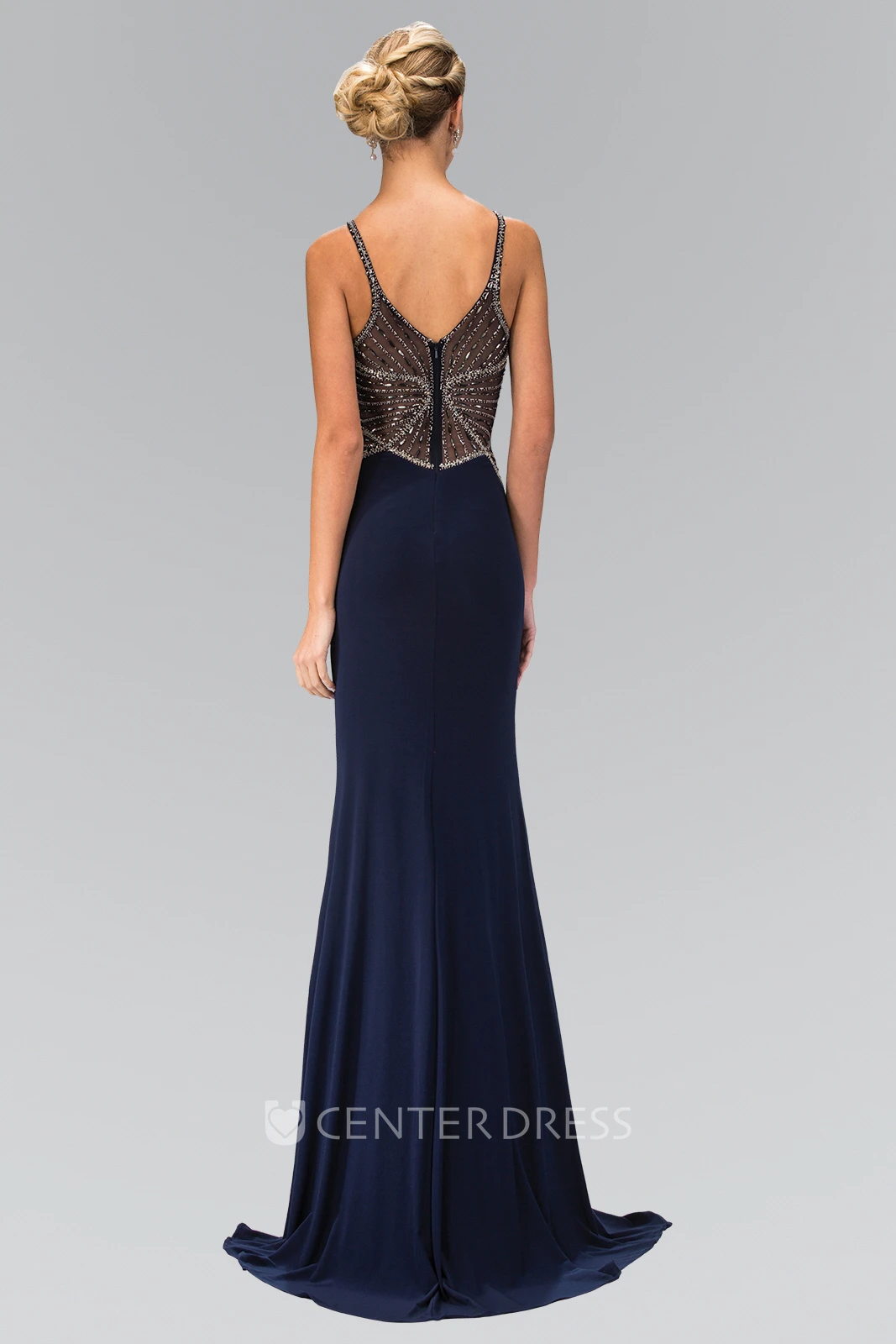 Sheath Scoop-Neck Sleeveless Jersey Low-V Back Dress With Beading