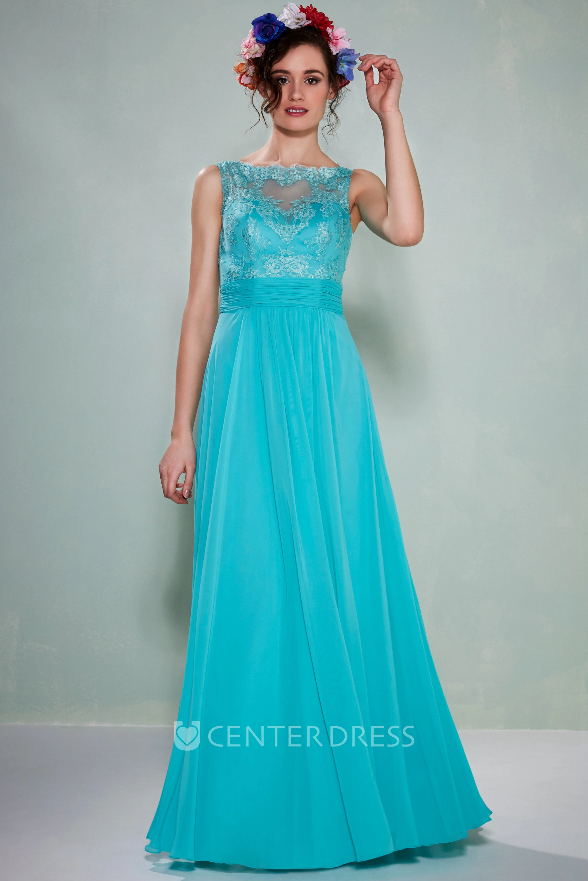 Bateau Neck Appliqued Sleeveless Chiffon Bridesmaid Dress With Illusion Back
