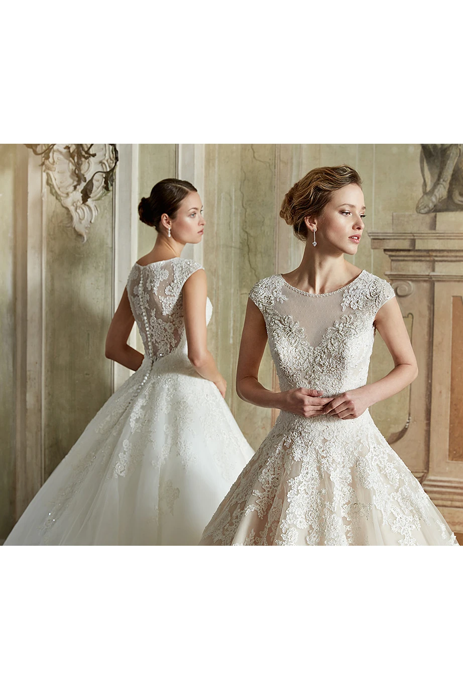 Ball Gown Cap-Sleeve Scoop-Neck Floor-Length Appliqued Lace&Satin Wedding Dress