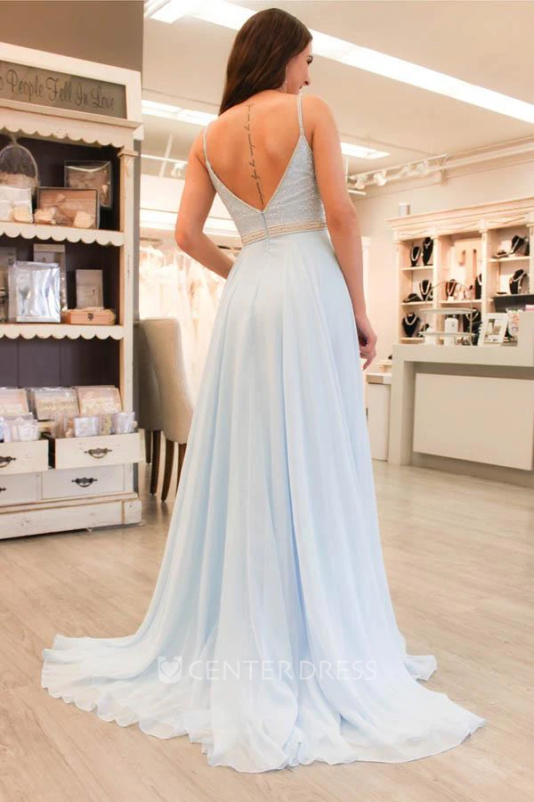 Sleeveless Sweep Brush Train A-Line Spaghetti Chiffon Dress