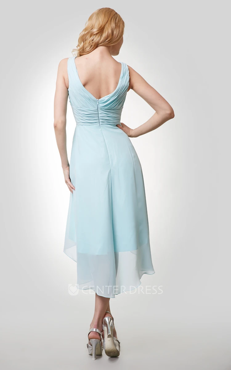 High-Low V-Neck Chiffon Sleeveless Bridemaid Dress With Ruching