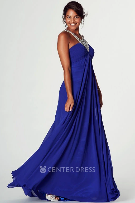 Floor-Length Beaded V-Neck Empire Sleeveless Chiffon Prom Dress