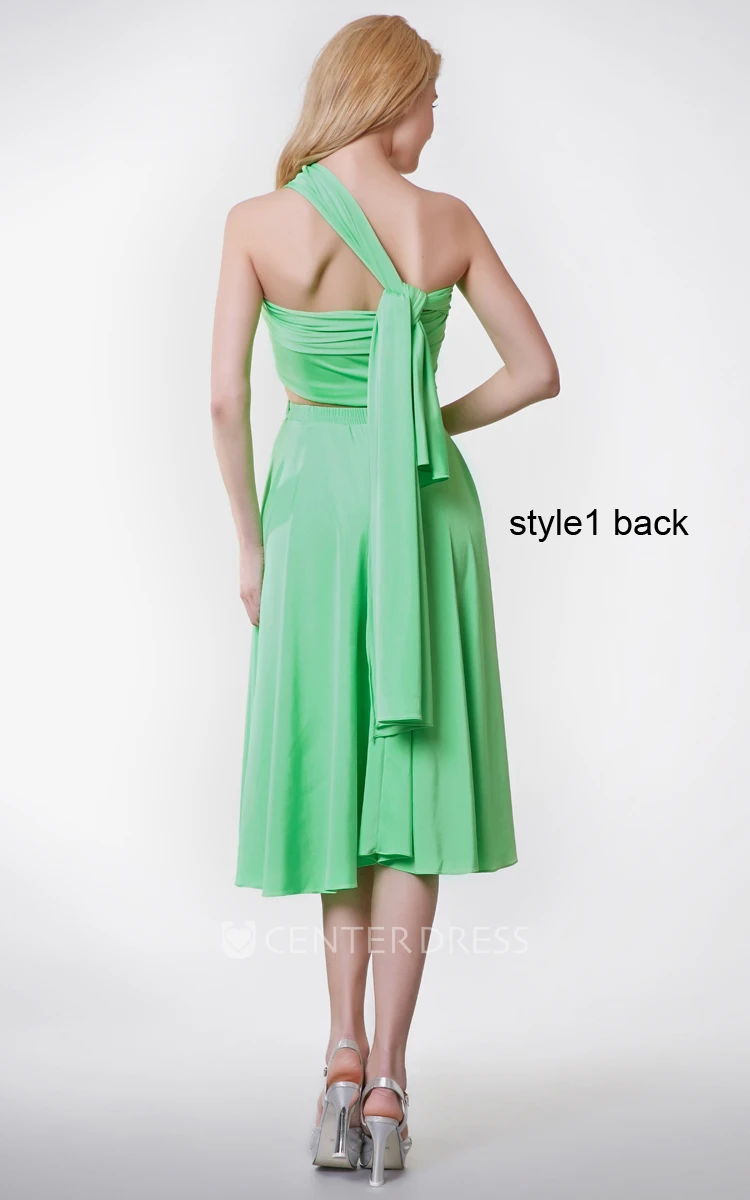 Convertible Ruched One Shoulder Knee-length Jersey Dress With Pleats