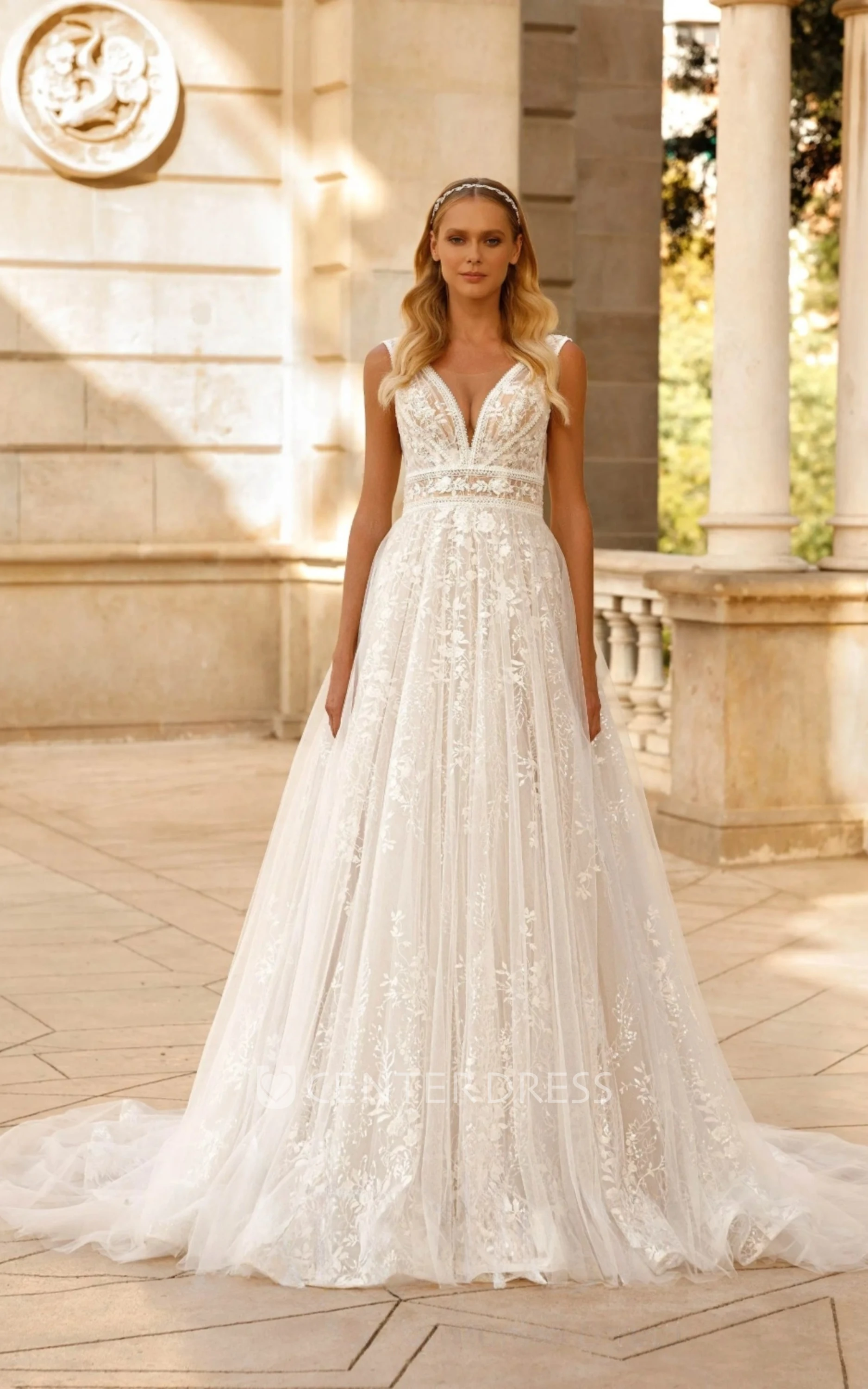 Charming Deep V-Neck And Deep V-Back Lace Tulle Wedding Dress with Embroidery