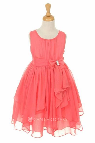 Tea-Length Bowed Broach Chiffon Flower Girl Dress