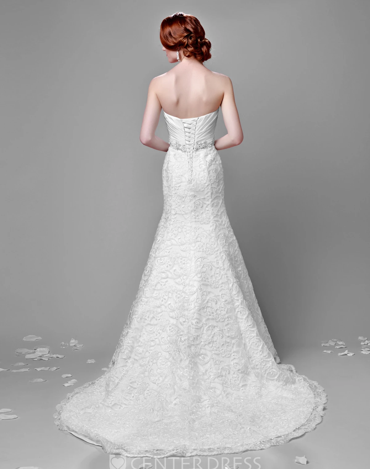 Fit And Flare Lace Sweetheart Gown Featuring Ruched Satin Bust