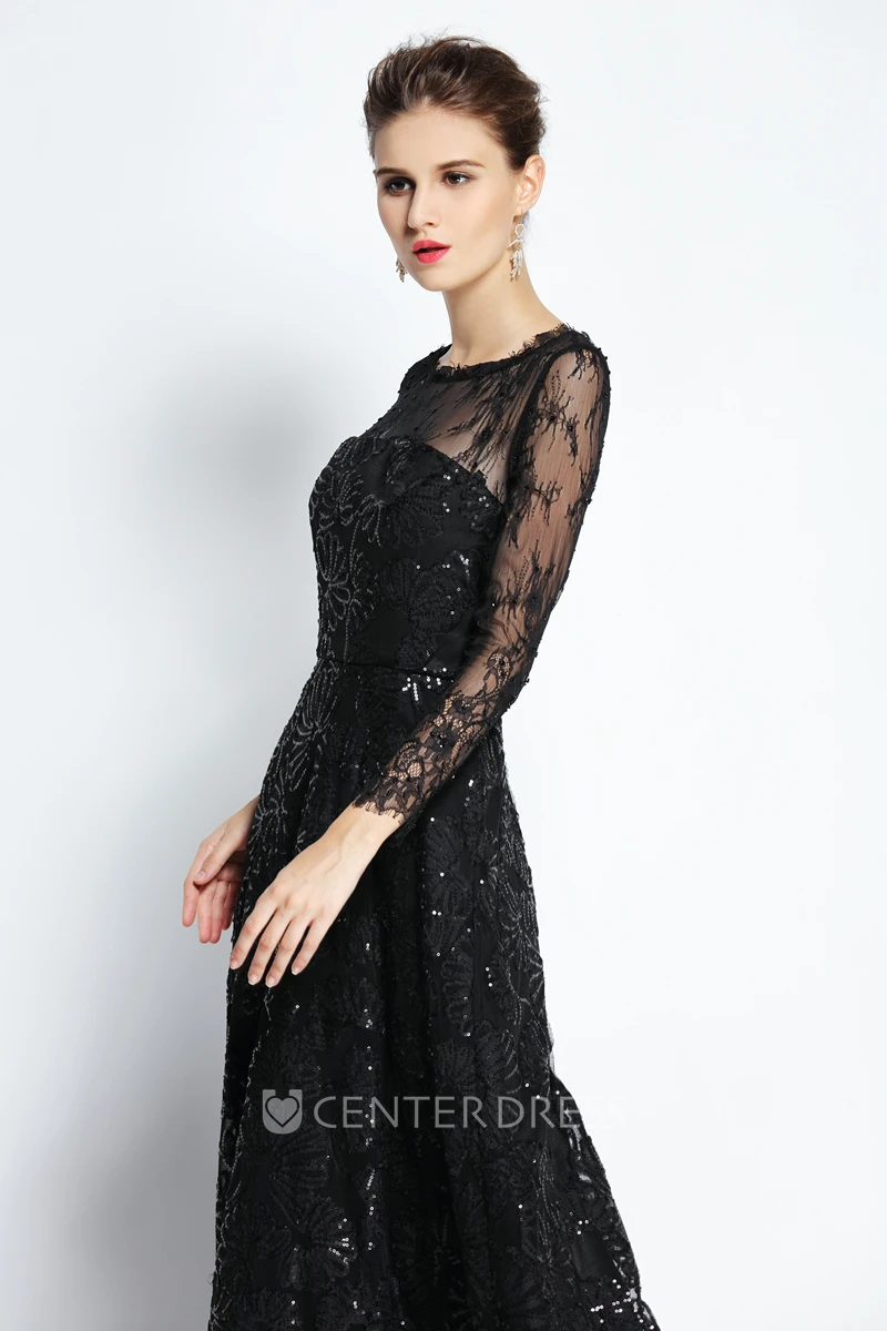 Floor-length Long Sleeve A-Line Bateau Scalloped Lace Prom Dress with Sequins