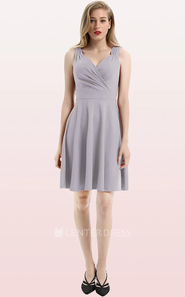Casual Sleeveless A Line Jersey V-neck Prom Cocktail Dress With Ruffles