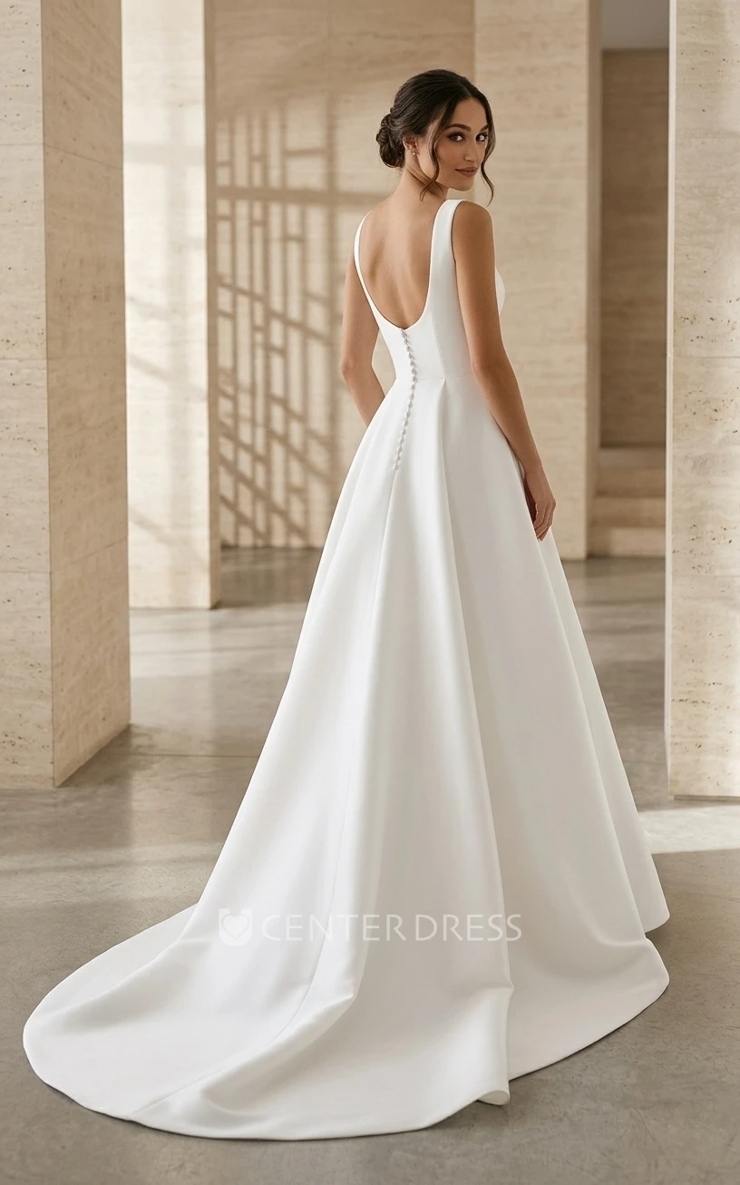 Simple Modest Square Neck Wedding Dress Sleeveless A-Line Satin Bridal Gown