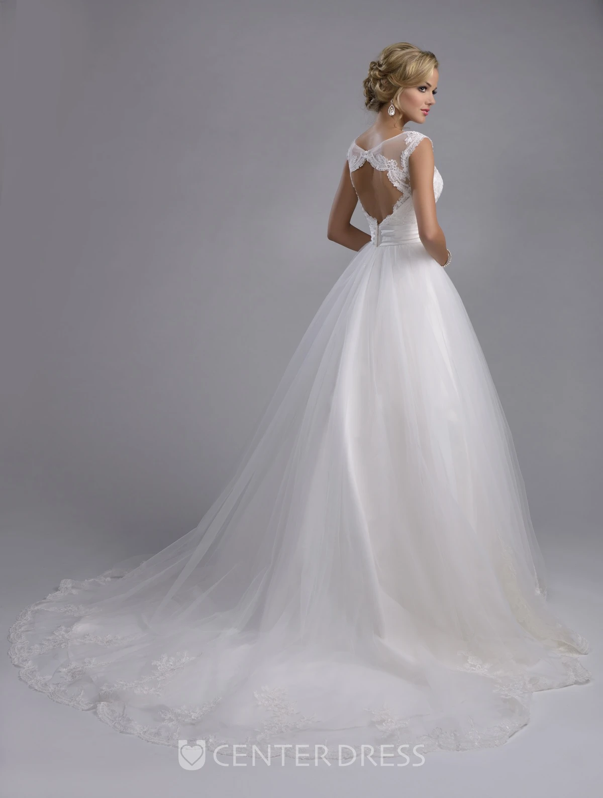 Lace-Appliqued Tulle A-Line Wedding Dress With Cap Sleeve And Keyhole Back