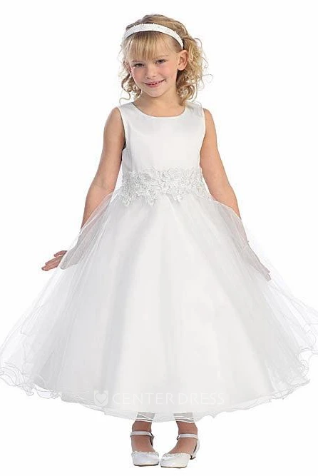 Floral Tea-Length Bell-Sleeve Tiered Tulle&Lace Flower Girl Dress