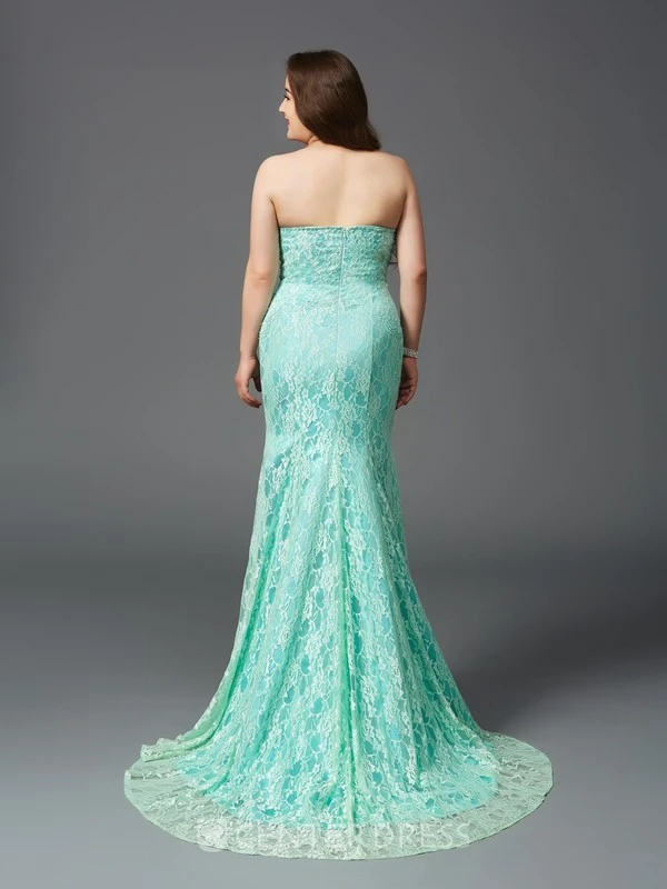 Sheath Floor-length Strapless Sleeveless Lace Brush Train Zipper Dress