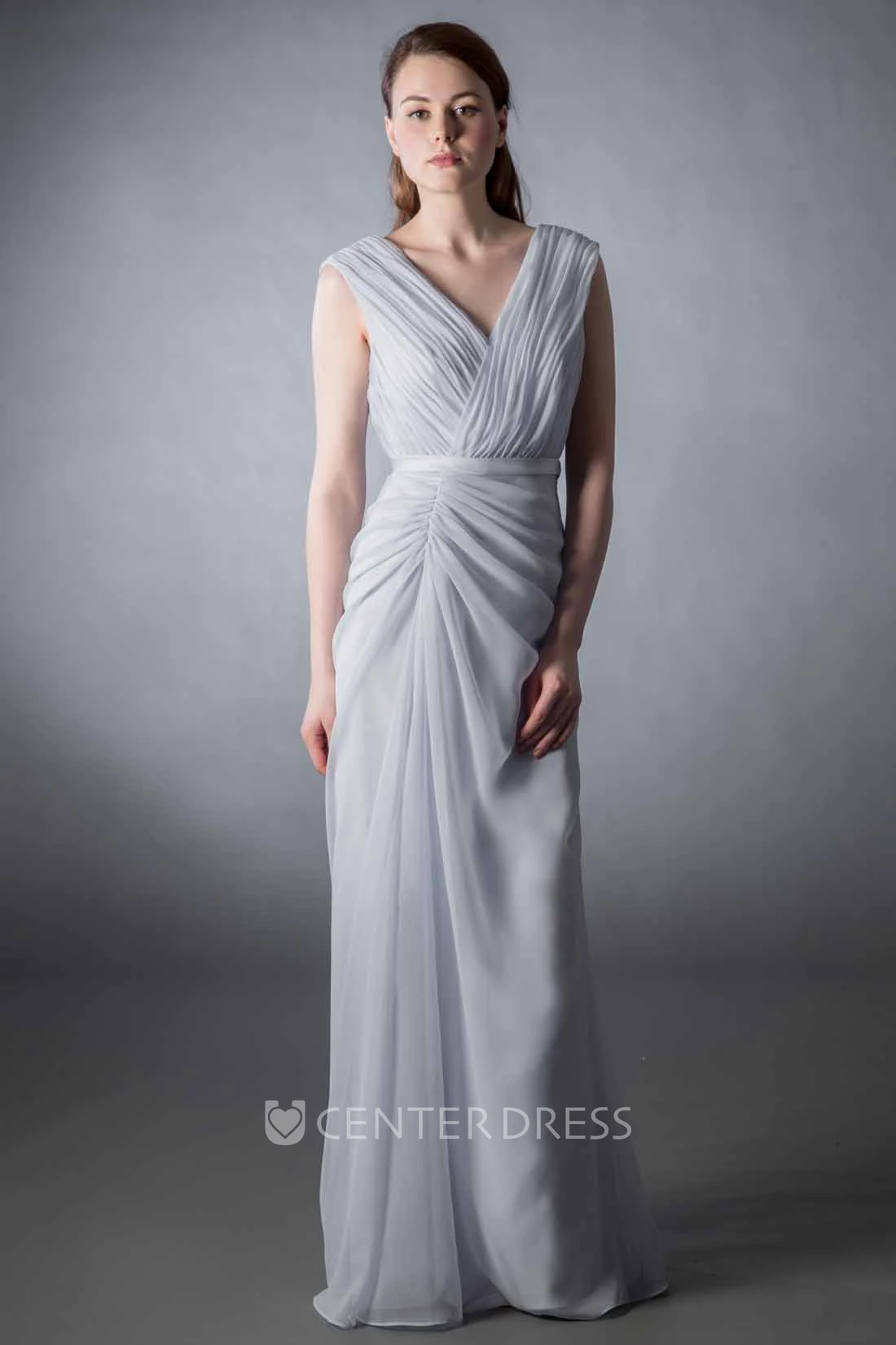 V-Neck Sleeveless Ruched Chiffon Bridesmaid Dress