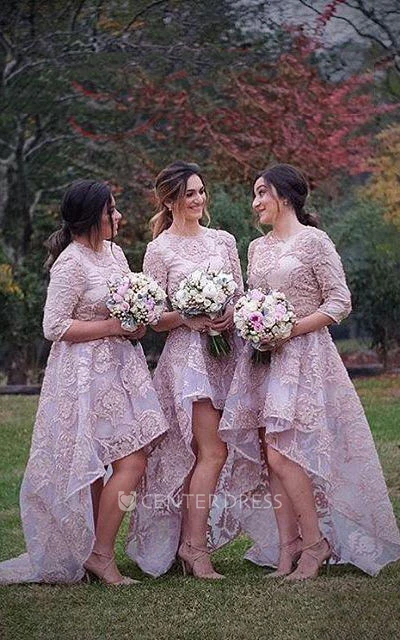 A-line High-low Half Sleeve Pleats Appliques Zipper Lace Dress