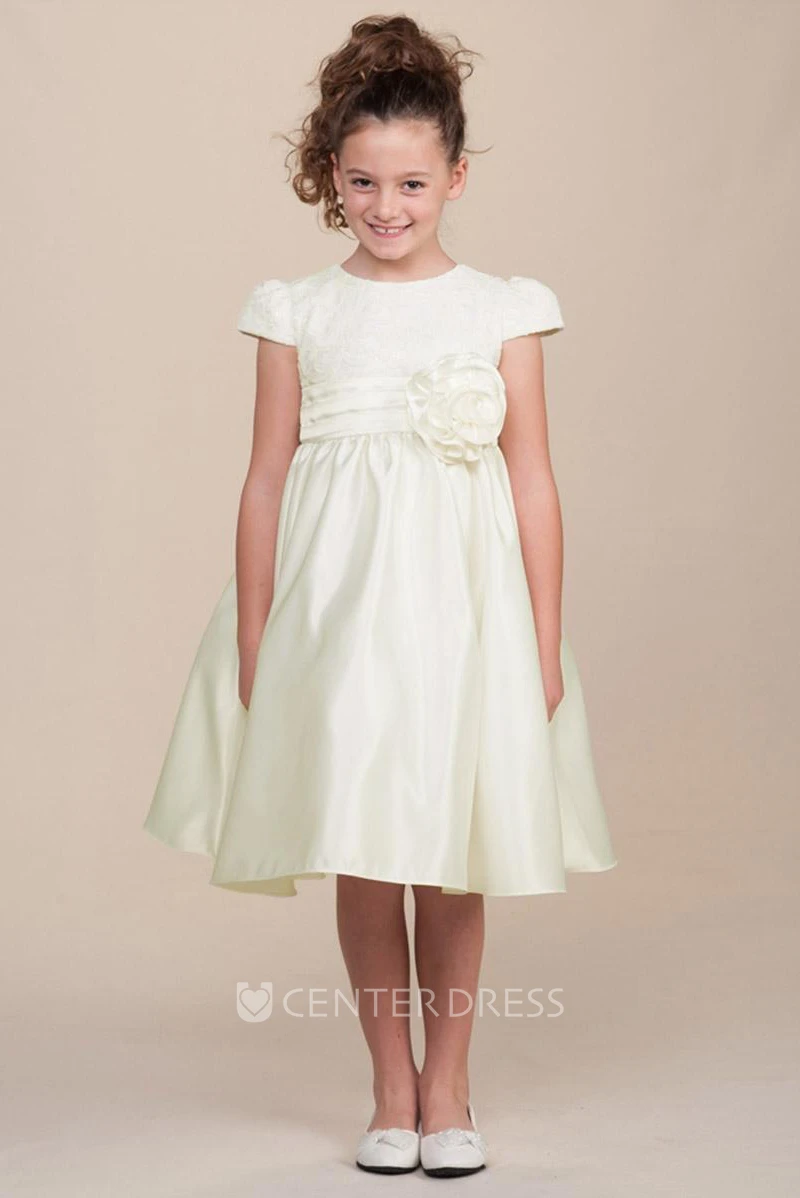 Floral Tea-Length Tiered Cap-Sleeve Lace&Satin Flower Girl Dress