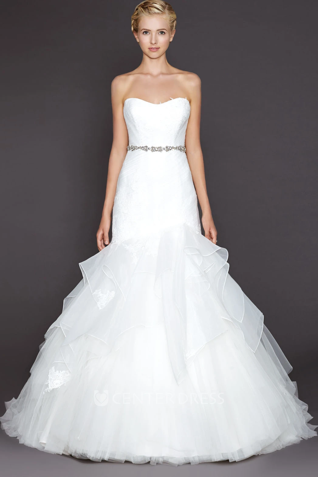 A-Line Strapless Jeweled Tulle Wedding Dress With Ruffles And Lace