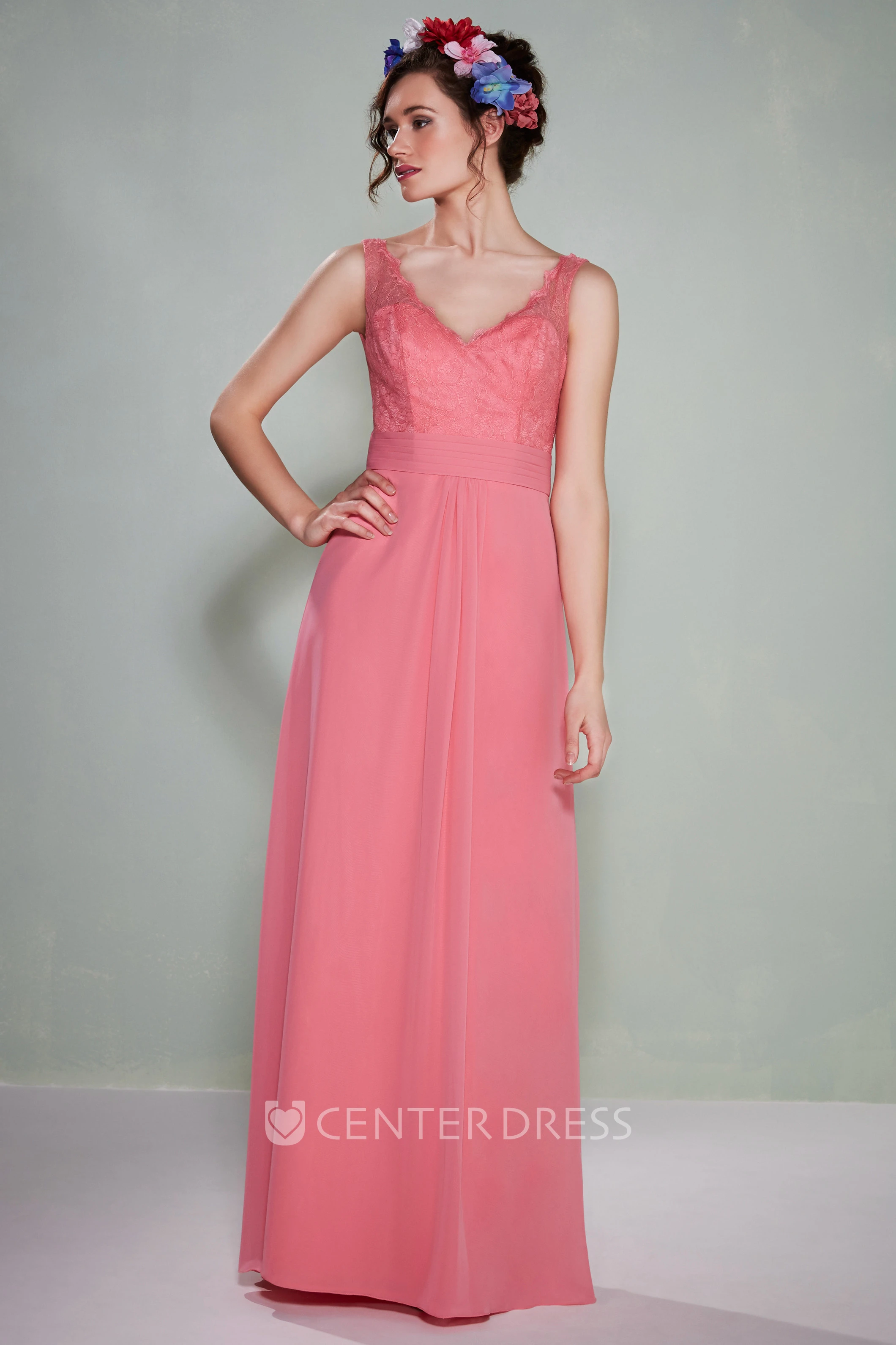 Sheath Floor-Length Lace Sleeveless V-Neck Chiffon Bridesmaid Dress With Low-V Back