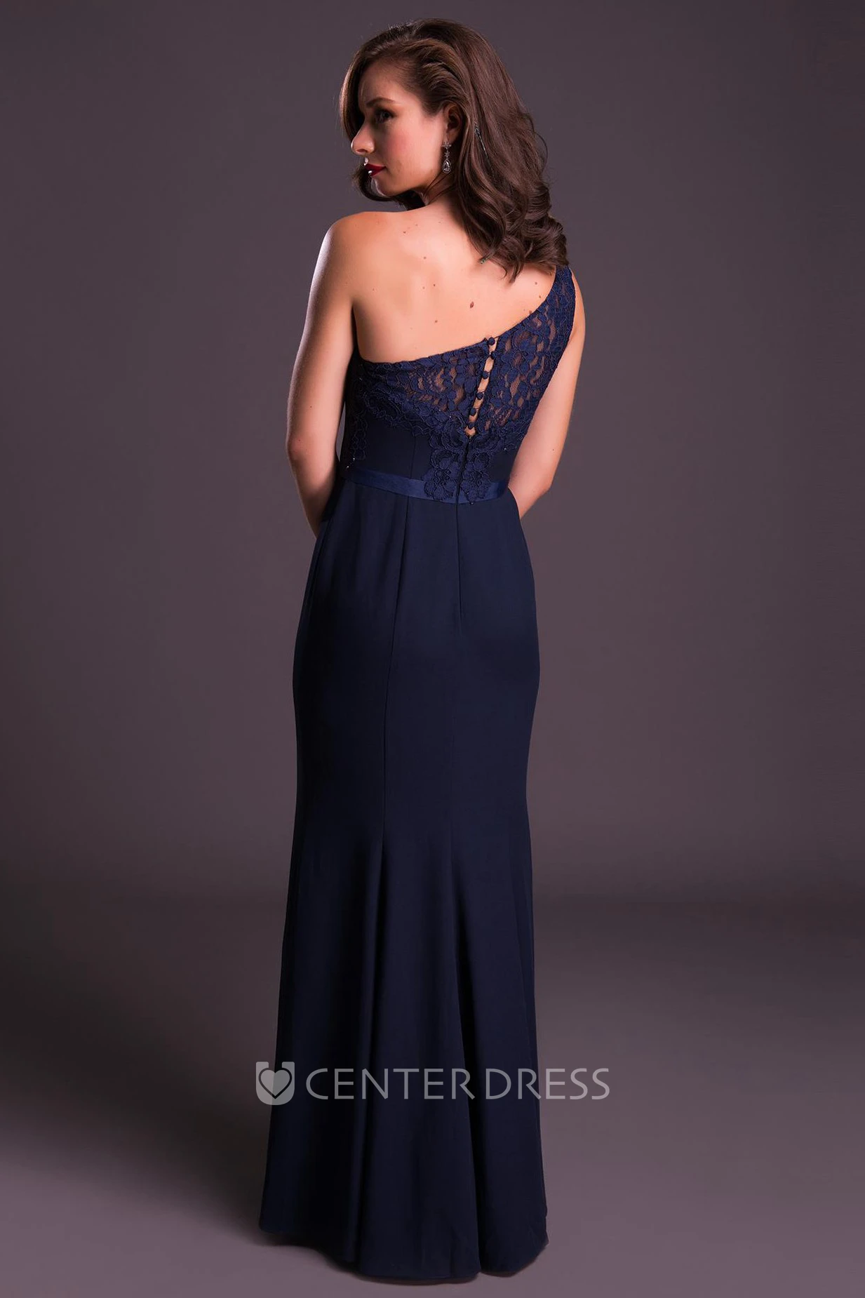 Floor-Length Sleeveless One-Shoulder Appliqued Chiffon Prom Dress