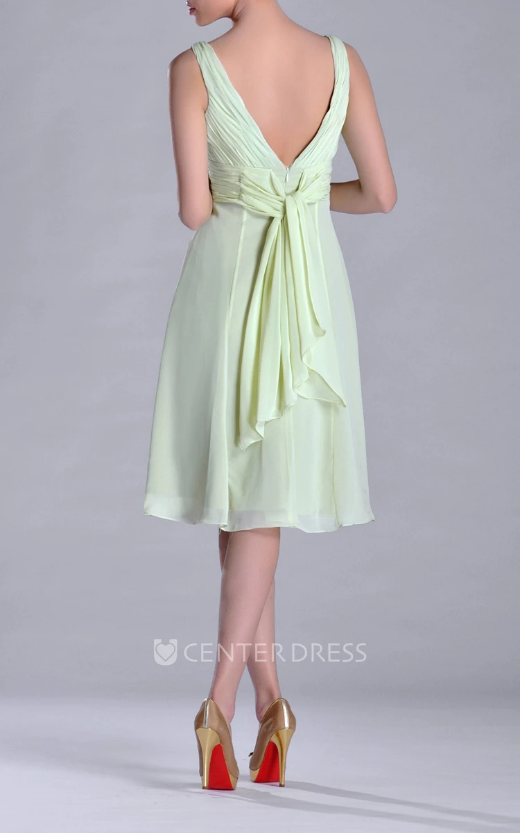 Knee-length V-Neckline Empire Chiffon Bridesmaid Dress With Deep-V Back Style