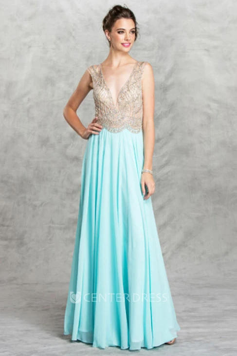 A-Line Long V-Neck Sleeveless Chiffon Deep-V Back Dress With Beading And Pleats