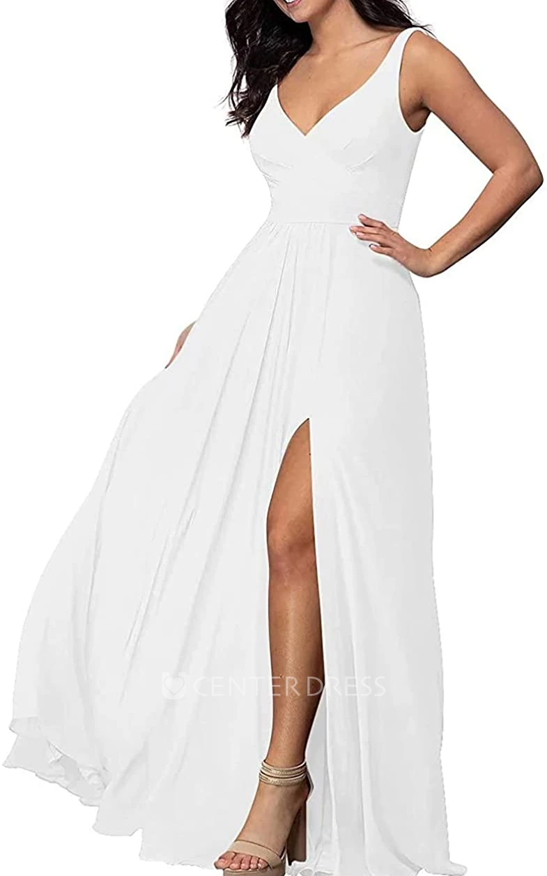Chiffon Floor-length V-neck A Line Sleeveless Bridesmaid Dress With Criss Split Front