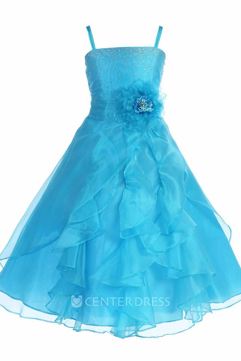 Ankle-Length Split Floral Beaded Organza Flower Girl Dress With Sash